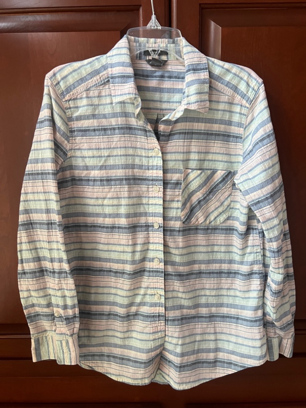Eddie Bauer Pastel Blue, Cream & Gray Striped Button-Down Shirt